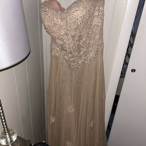 Elegant peachy Beige Gown with Floral Embellishments with a wrap to match